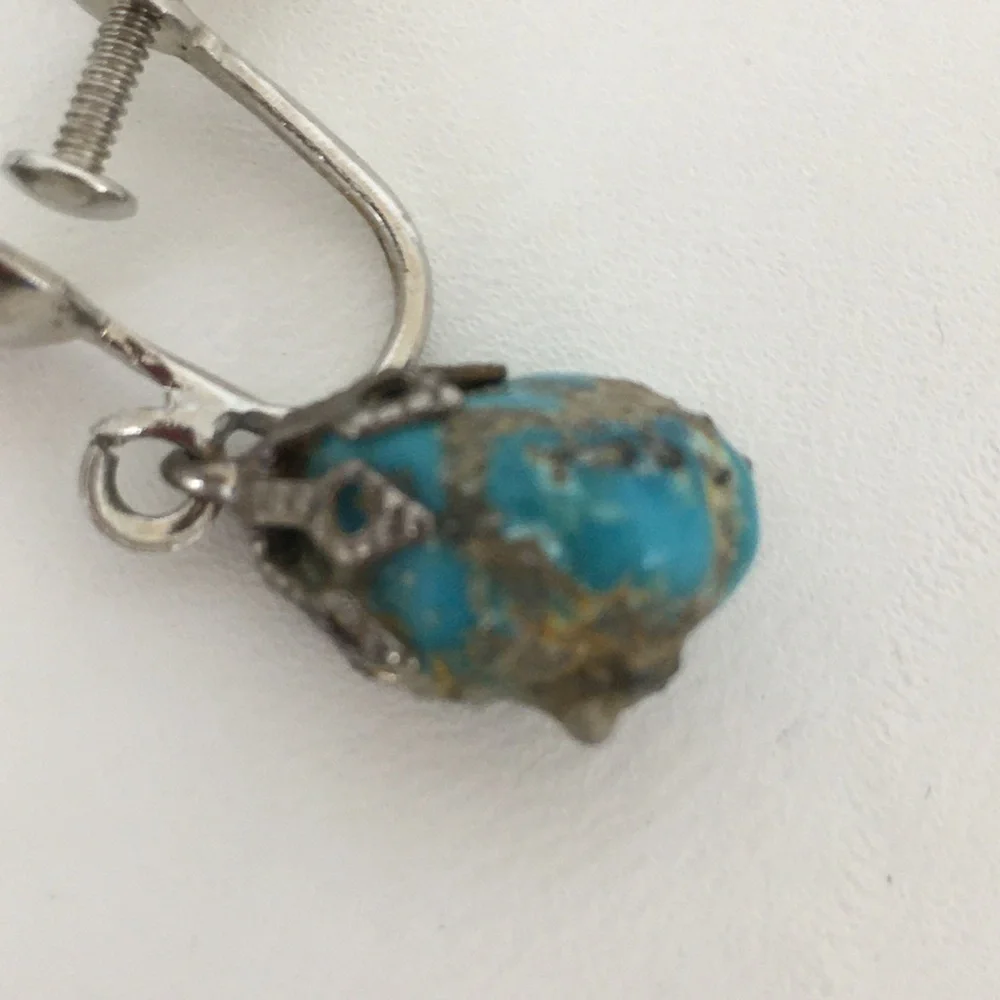 Vintage Screw Back Blue Moon Turquoise Dangle Earrings Silver Tone Filigree